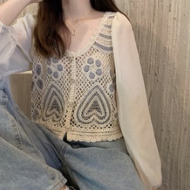 Atasan wanita blouse knit crochet tulle