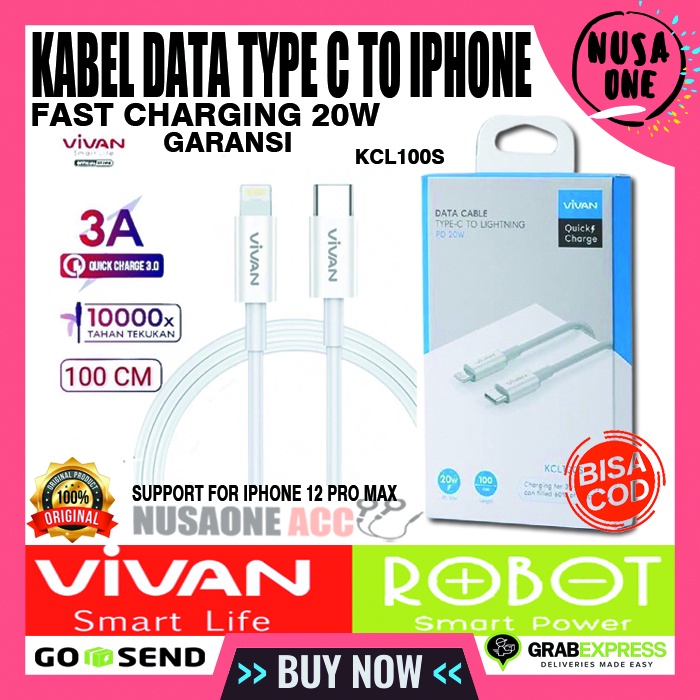 KABEL CHARGER TYPE C TO IPHONE VIVAN FAST CHARGING KCL100S KABEL DATA TYPE C TO IPHONE FAST CHARGING