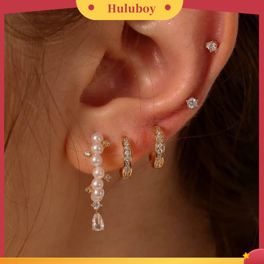 5 Pcs Anting Stud Geometris Aksen Mutiara Berlian Imitasi Untuk Wanita