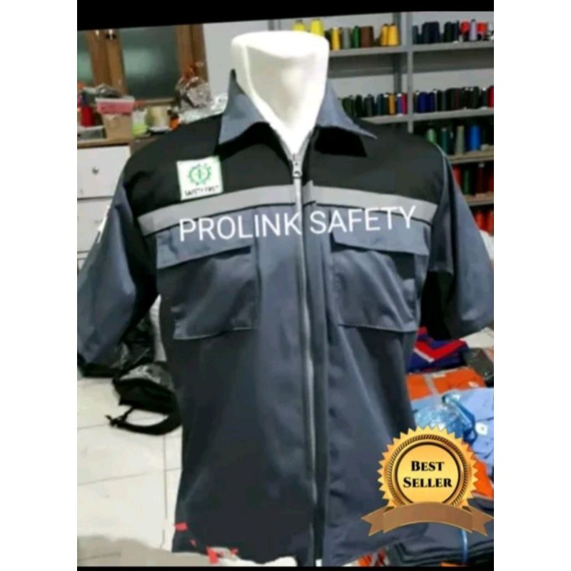 SERAGAM SAFETY LENGAN PENDEK ABU HITAM RESLETING BERLOGO K3 BENDERA