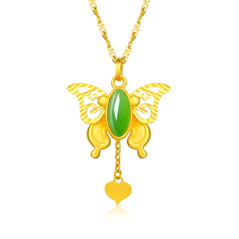 [Ready Stock]Fashion Gold-Plated Inlaid Green Jade Butterfly Pendant Necklace