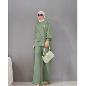 Amiko One Set Celana Kulot Kaos Wanita Kayla Atasan Knit Import Kaos Sage Green Jumbo Ld 120 ld 130 