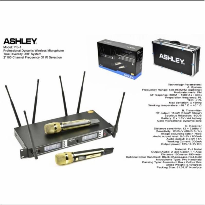 Mic Wireless ASHLEY PRO1 Werles Mik Wirles 2 Mikropon Box Koper Hardcase Mikrofon Multi Channel Orig