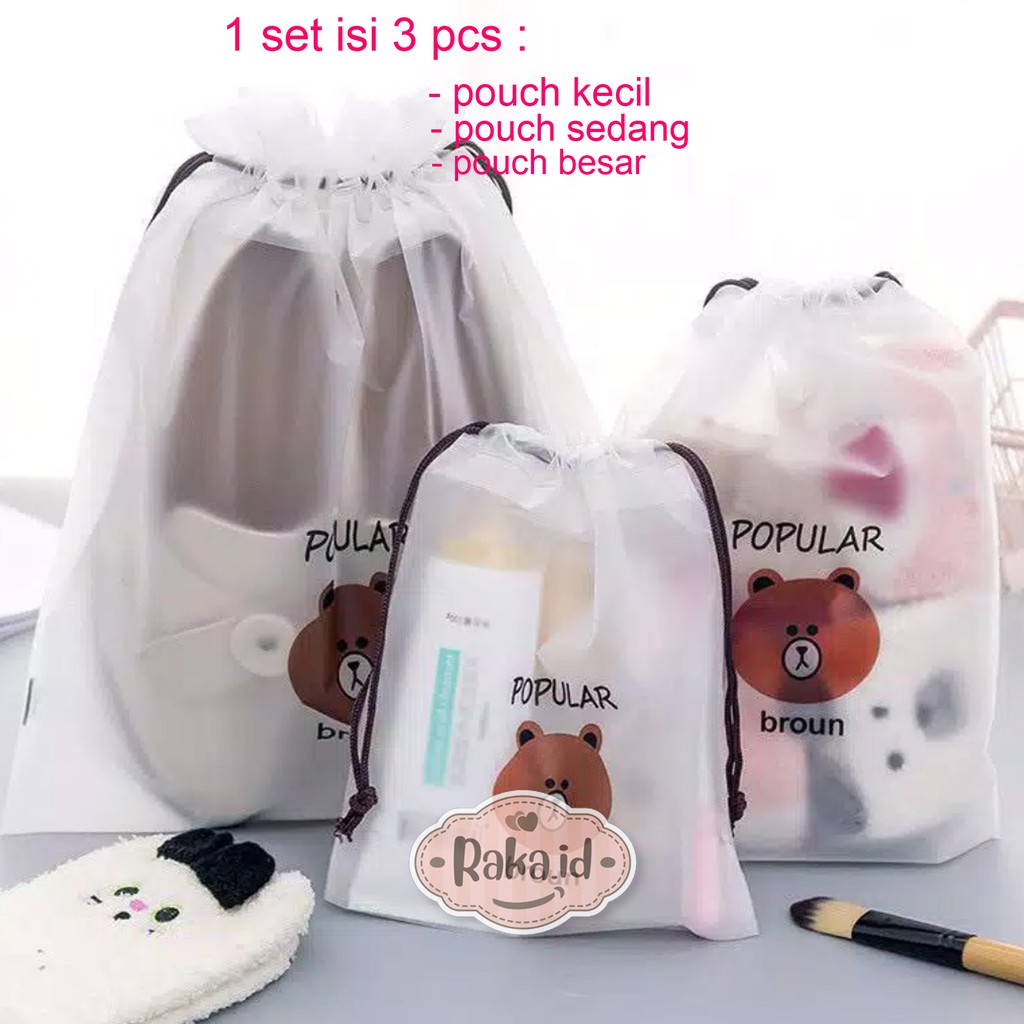 Raka - 1 set isi 3 pcs Pouch Brown Kecil + Sedang + Besar Tas Travel Organizer Bag Kosmetik Makeup