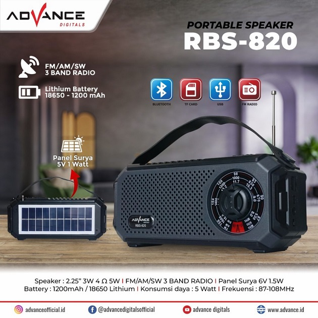 RBS820 Advance Portable Speaker Dengan Papan Solar 3Band Radio USB TF