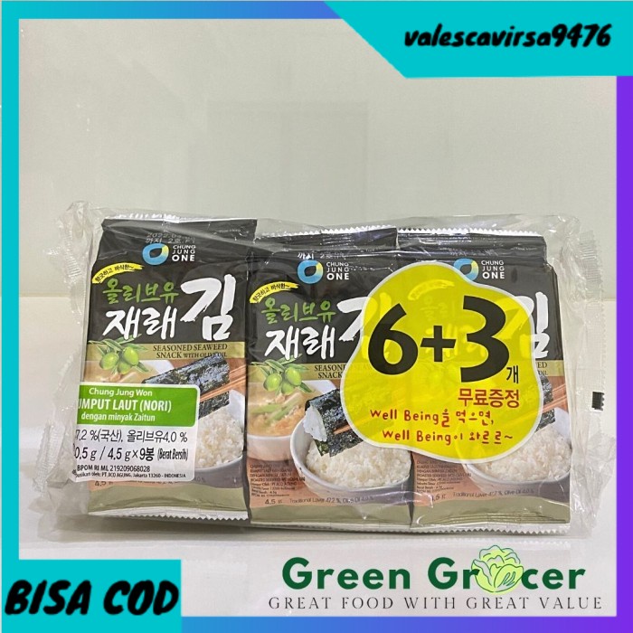 

⭐BISA COD⭐ CHUNG JUNG ONE Seaweed/Nori with Olive Oil (6+3) 4.5GR x9 /Rumput Laut