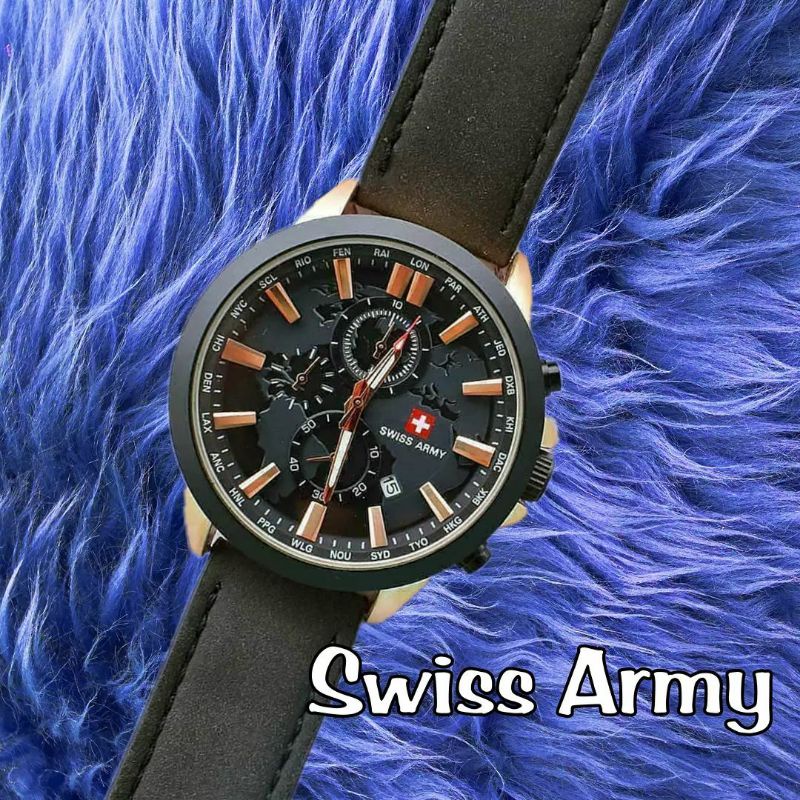 Jam S'WlSSA'rmy Pria tali kulit  - chrono aktif + free gelang ( model random)