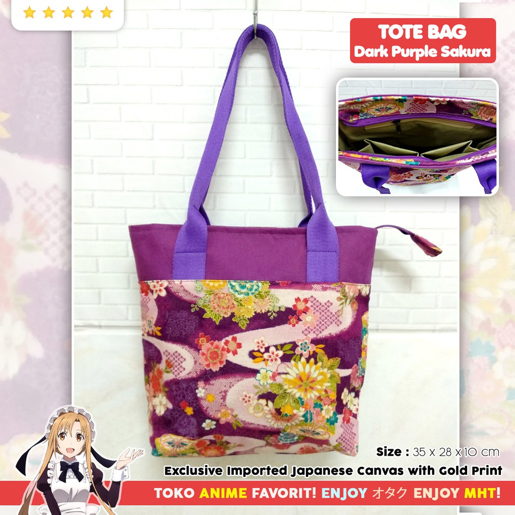 Tas Tote Bag Jepang Canvas Kanvas Impor Dark Purple Sakura