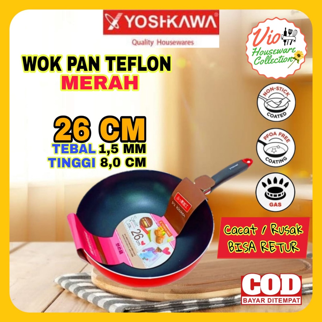 Yoshikawa Wajan Penggorengan Wok Pan 26cm Teflon Teplon Anti Lengket Tanpa Minyak Deep Fryer XC26001