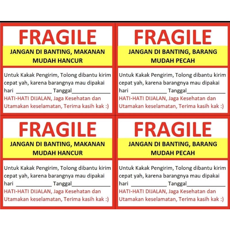 Sticker FRAGILE Pengiriman Barang Makanan