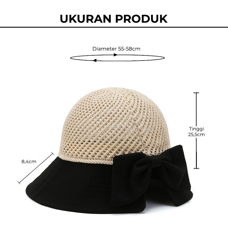 Topi Pantai Wanita Bucket Hat Korea Setengah Rajut Pita Belakang Anti UV ZX