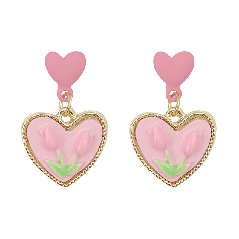 Anting Bentuk Hati Tulip Warna Pink Gaya Retro Korea