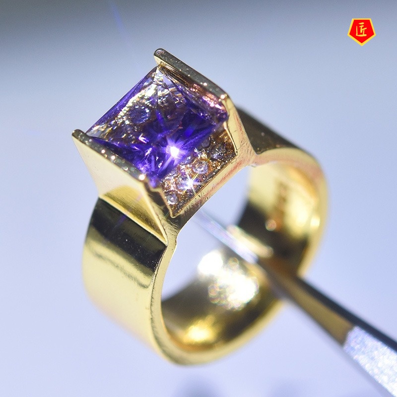 [Ready Stock]Creative Gold Inlaid Purple Crystal Square Diamond Ring