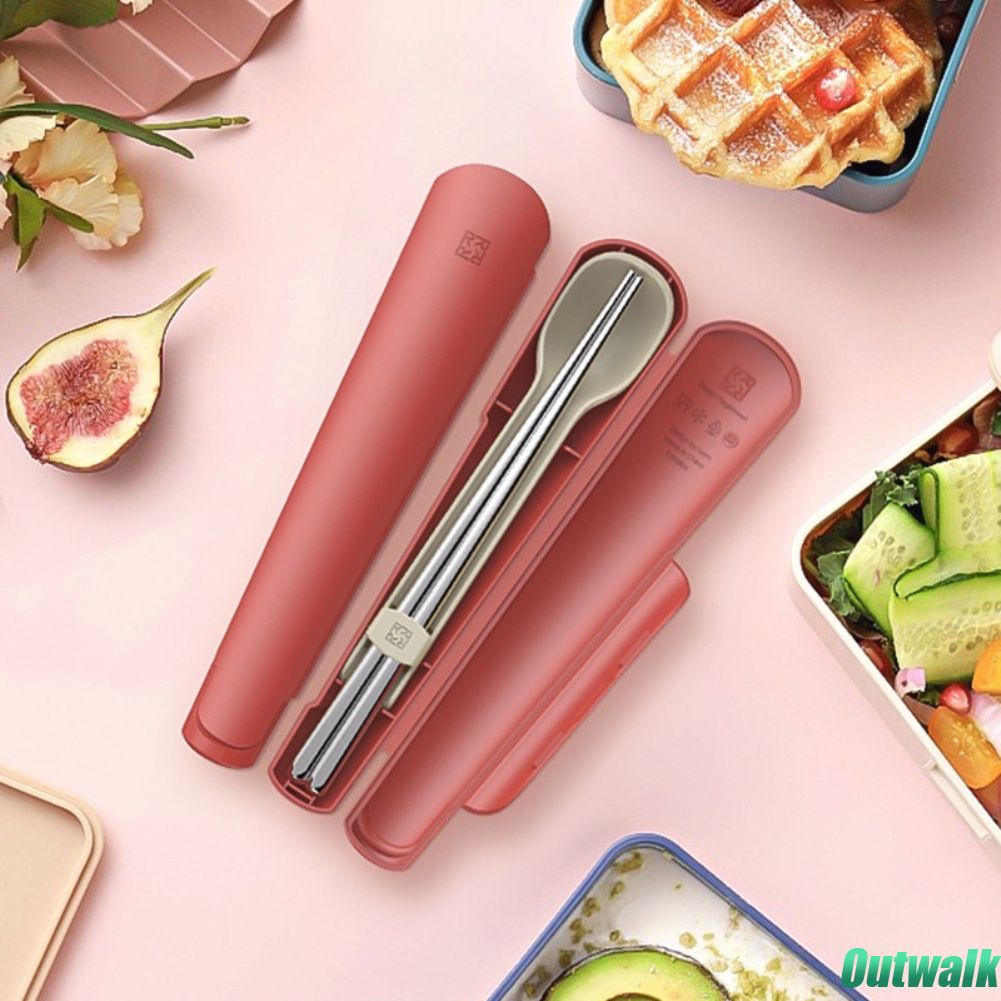 Set Peralatan Makan Sendok Garpu Sumpit Portabel Bahan Stainless Steel Dengan Kotak Plastik Untuk Travel