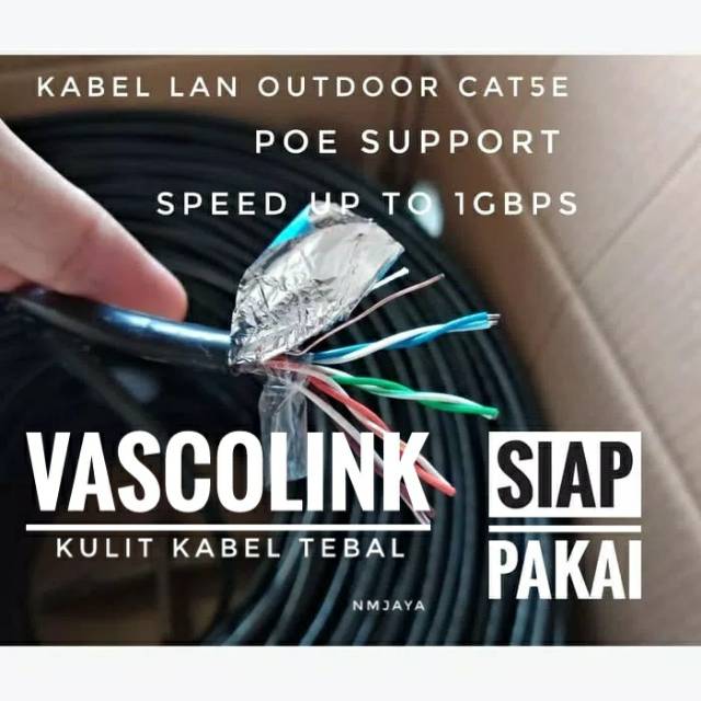 Kabel Lan Outdoor 70 Meter FTP CAT5e Siap Pakai sudah dicrimping rj45 besi dan plugbooth Vascolink Hitam