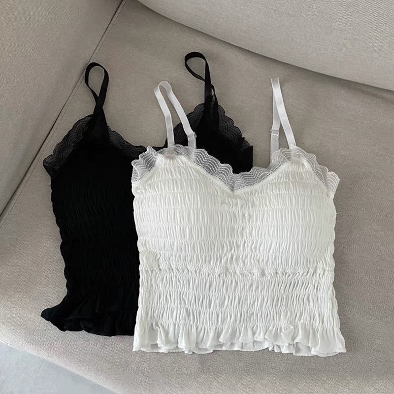 Retaily BRA518 Tanktop V-Neck Crop Renda Crinkle Dengan Busa Bra Tanpa Kawat Singlet Casual OOTD