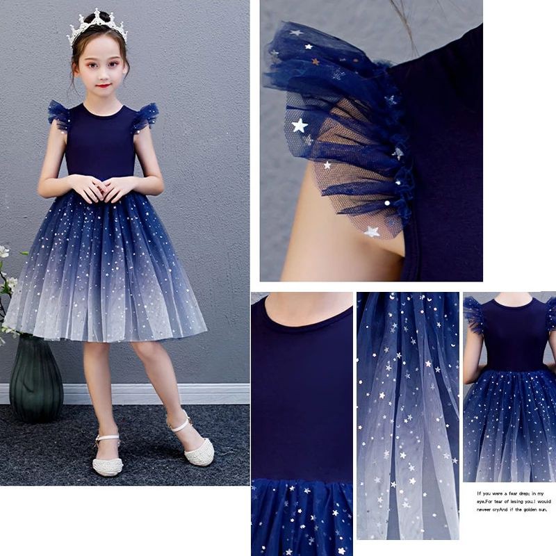 Gaun Anak Perempuan Import Baju Dress Pesta Ulang Tahun Gliter Tutu Biru Navy Merah