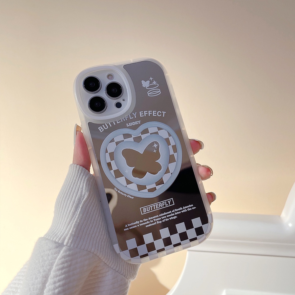 IPHONE Cinta Hati Kotak-Kotak Kupu-Kupu Fashion Phone Case Cover Dengan Manik-Manik Rantai Untuk Iphone7 8 PLUS X XR XS 11 12 13 14 Mini PRO MAX SE 2020