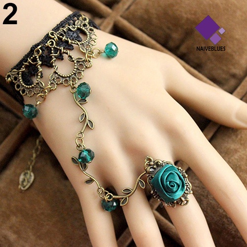 Naiveblue &gt; Gelang Tangan Sambung Cincin Gaya Retro Gothic Motif Bunga Aksen Lace + Rantai Untuk Wanita