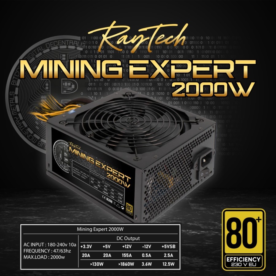 Raytech MINING EXPERT 2000 Watt 80+ 230V Power Supply Mining 2000w