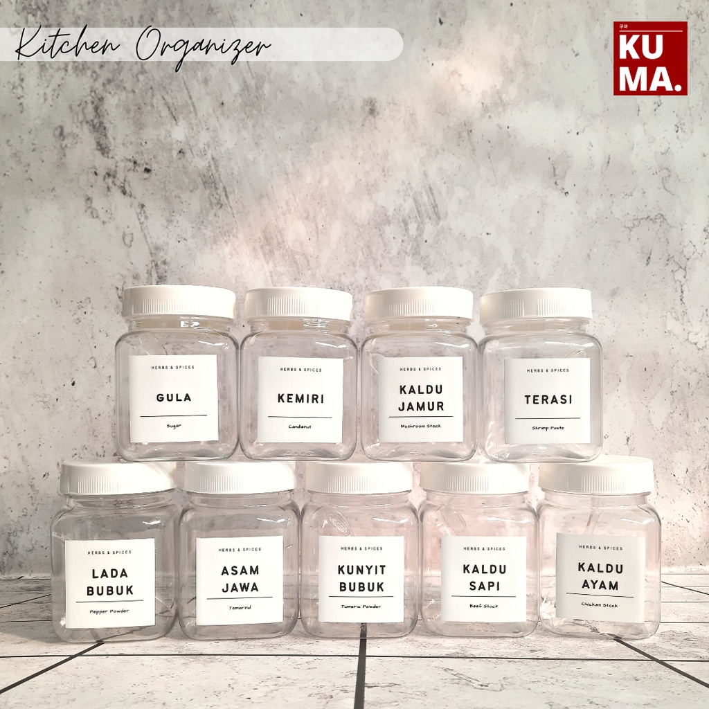 KUMA Toples Tempat Bumbu Dapur 200ml Set Aesthetic Free Sendok Label Waterproof