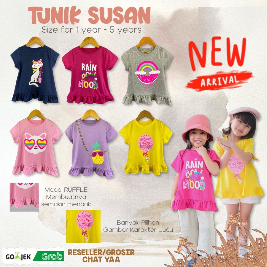 PAKAIAN BAJU ATASAN DASTER TUNIK KAOS ANAK PEREMPUAN CEWEK CEWE REMPEL 1 2 3 4 5 TH TAHUN THN SMILEE
