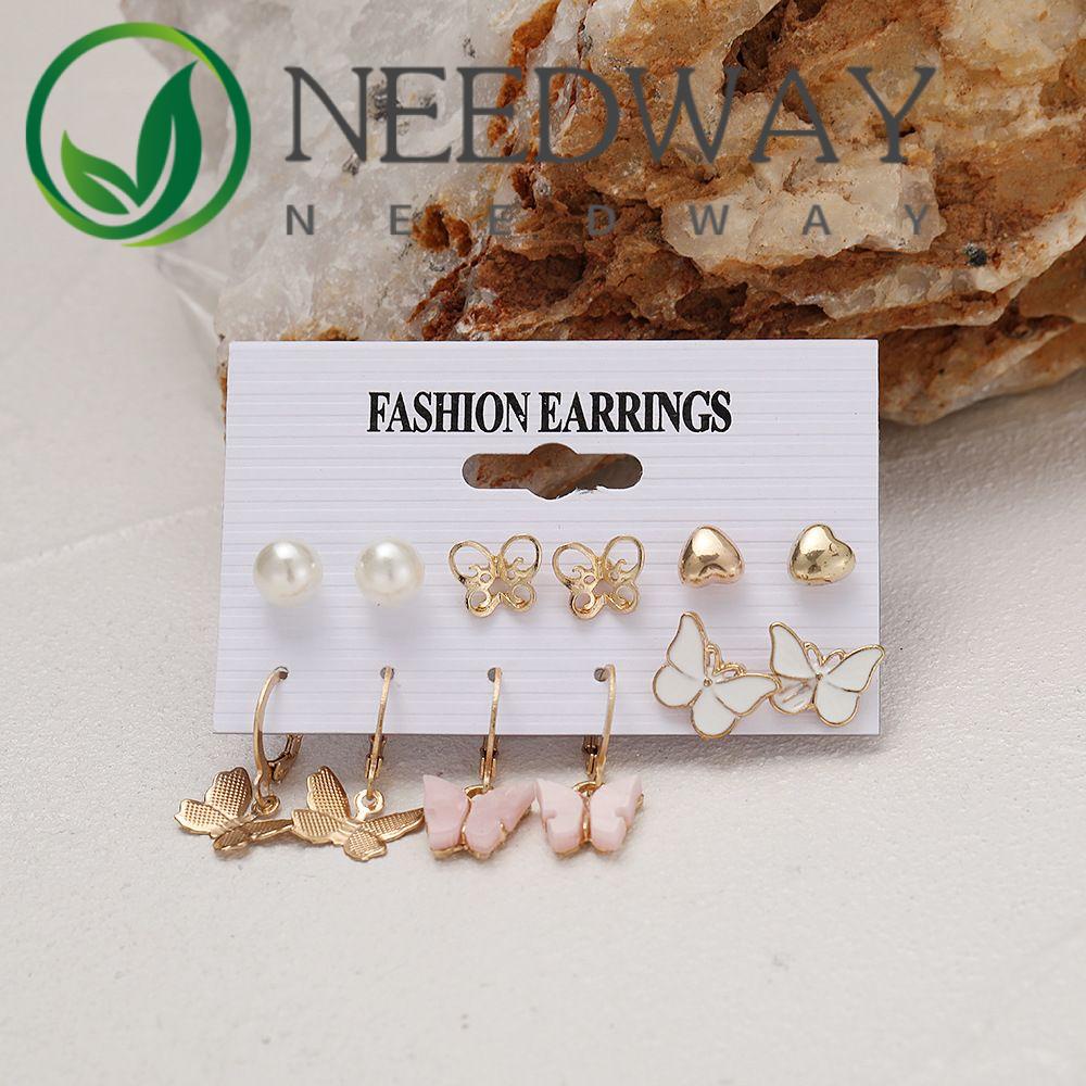 SKJK  6 Pcs/Set Hoop Earrings Set Trendy Fashion Jewelry Butterfly Earrings Pearl Love Heart Personality Geometric Alloy For Women Female Earrings