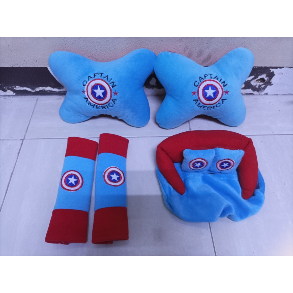 Bantal Mobil CAPTAIIN AMERIKA 3in1 Carset Sandaran Kepala dan Leher Headrest Captain America Biru