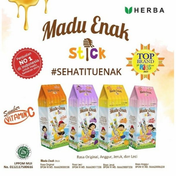 

Madu Enak Anak Stick Box Isi 20 - Madu Sehat Stik Rasa Original / Leci / Jeruk / Anggur