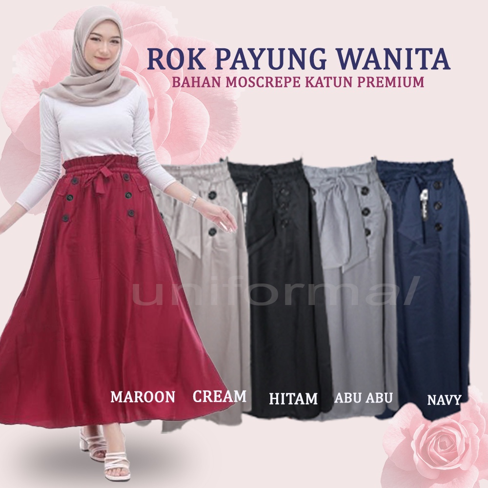 Rok Panjang Payung Polos Wanita / Rok Cewek JUMBO Bahan Moscrape Katun Premium / Rok Kain Muslim Perempuan Kancing Depan/ Bawahan Muslimah Model Mayung /  Pinggang / ROK Polos ROK PANJANG PAYUNG JUMBO WANITA BAHAN MOSCRAPE BAWAHAN WANITA MUSLIM ROK KAIN