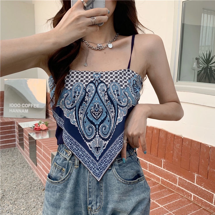 2022 New COD Satin Wanita Dasi Kembali Simpul Tali Spaghetti Tank Top Tabung Tak Berlengan Tank Top Model Crop Top Motif Hailey Scarf Wanita 2023t