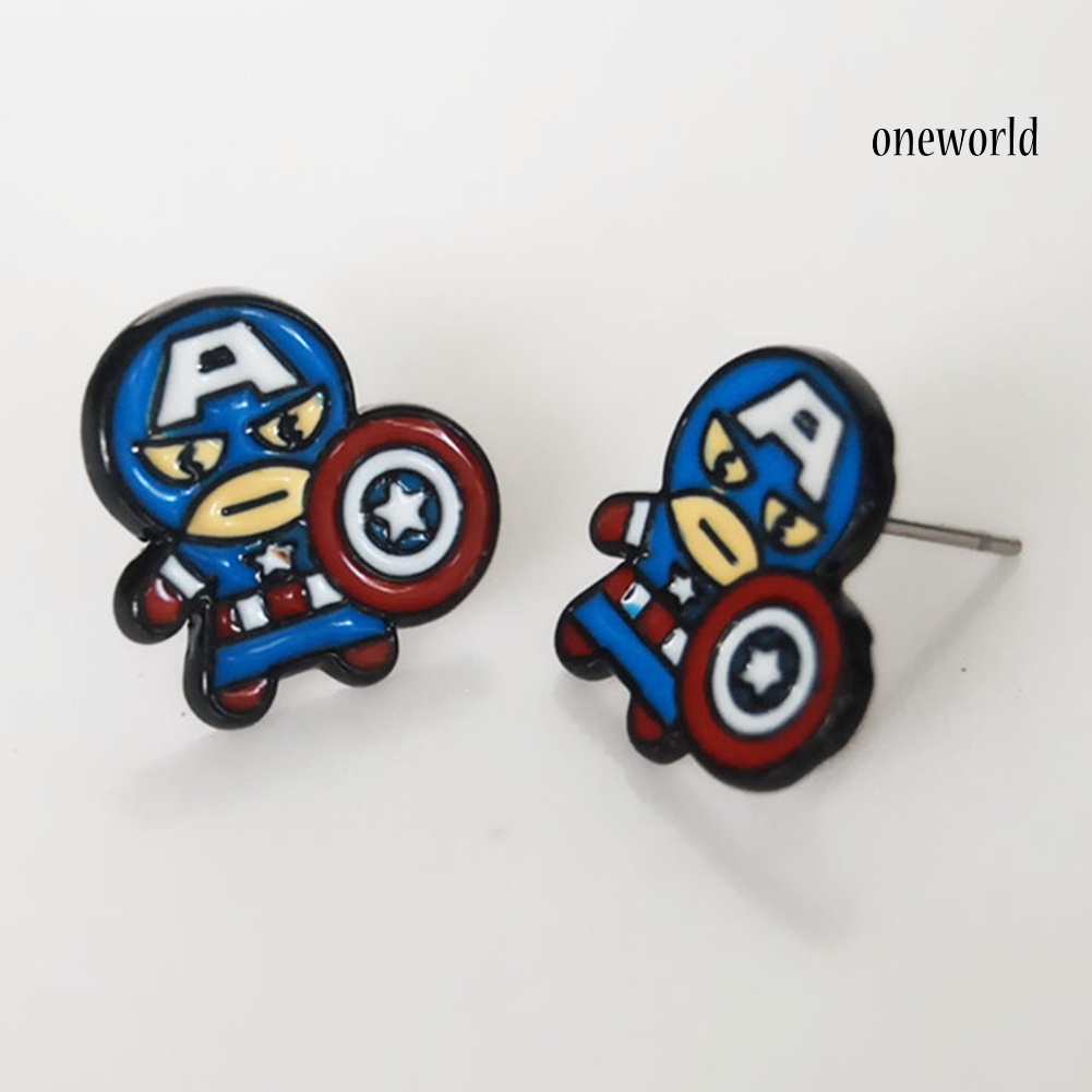 OW@ Fashion Spider Man Deadpool Captain America Cartoon Enamel Ear Studs Earrings