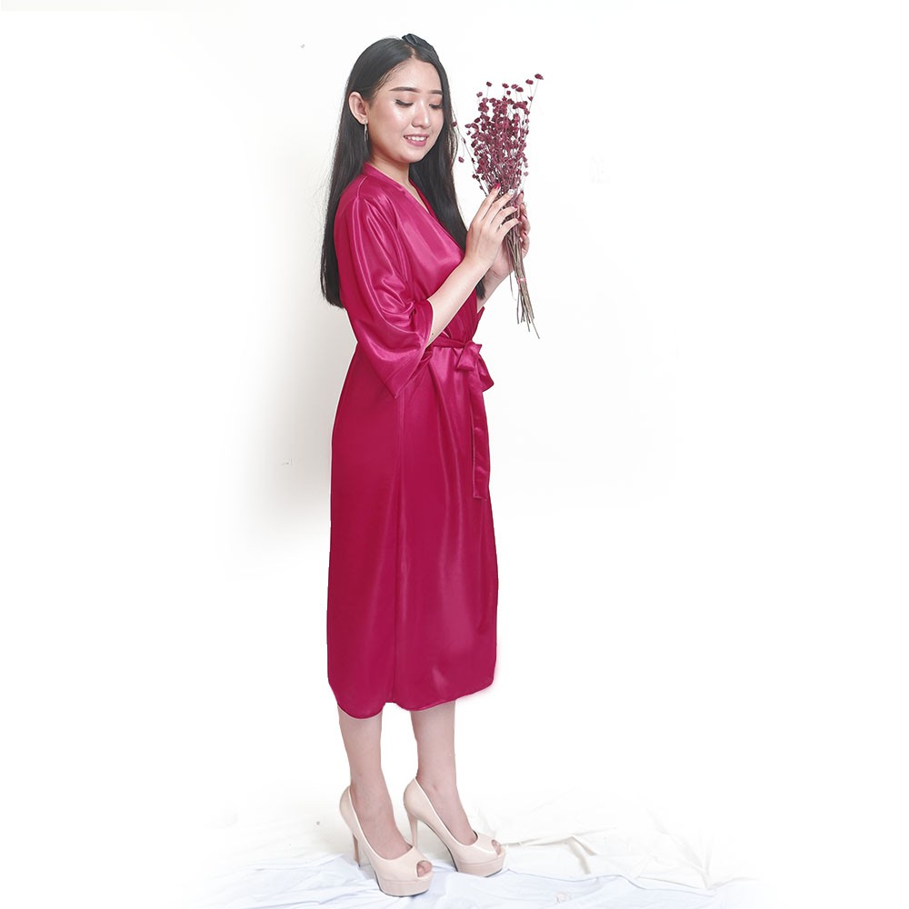 FOLVA bridesmaid kimono wedding baju tidur satin 1556MKIM Maroon-3