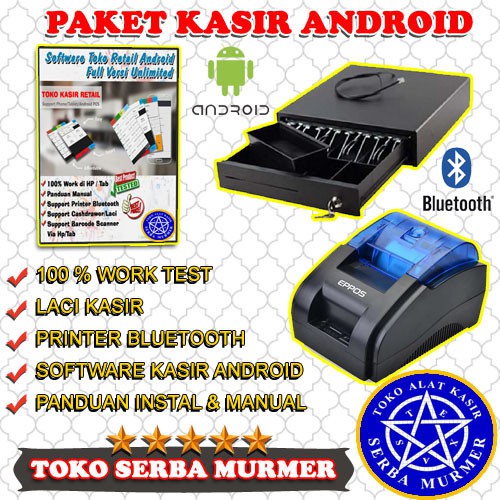 Paket Mesin Kasir Printer Thermal Bluetooth Laci POS Kasir Software Toko Penjualan Android Retail