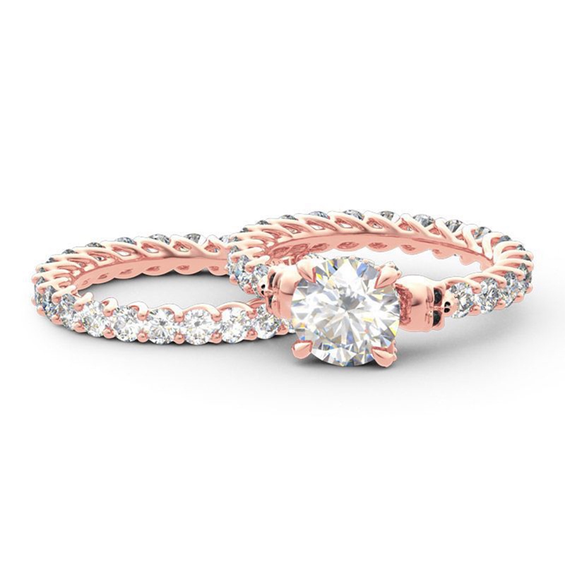 Set Perhiasan Cincin Berlian Sapphire Warna Rose Gold Untuk Pernikahan