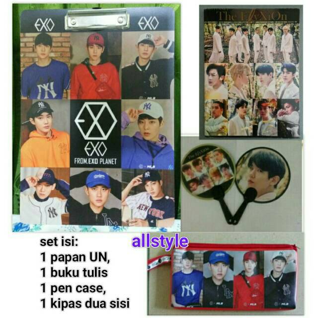 

papan ujian buku tulis kipas pensil case set kpop bts exo ikon