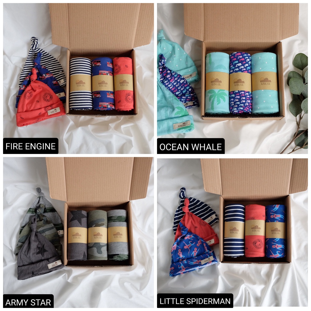 Swaddle/Bedong + Knot Hat KUBIK KAL (dijual per motif/satuan)