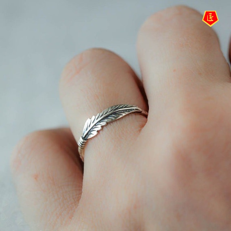 [Ready Stock]Retro Personality 925 Silver Feather Ring Simple