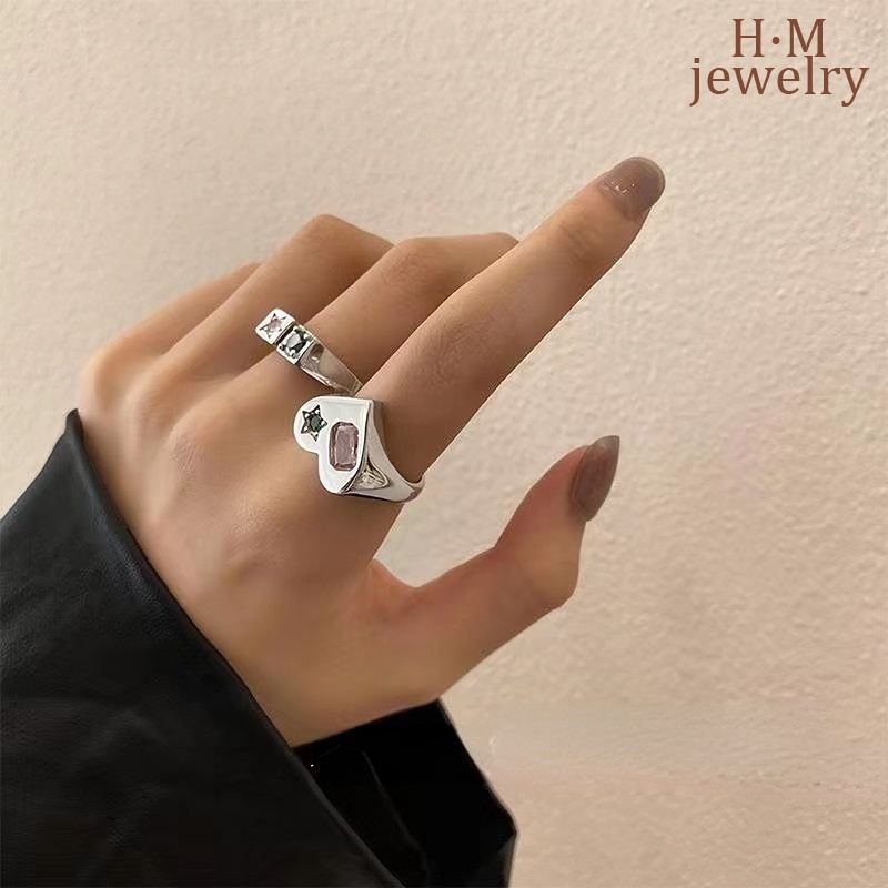 Set Cincin Inlaid Emerald Bahan S925 Silver