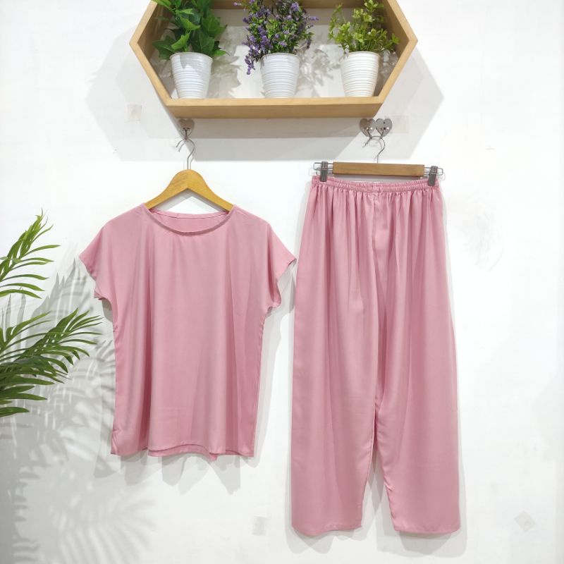 BAJU TIDUR POLOS PIYAMA POLOS CELANA PANJANG LENGAN PENDEK BAHAN RAYON babbydoll-POLOS SALEM