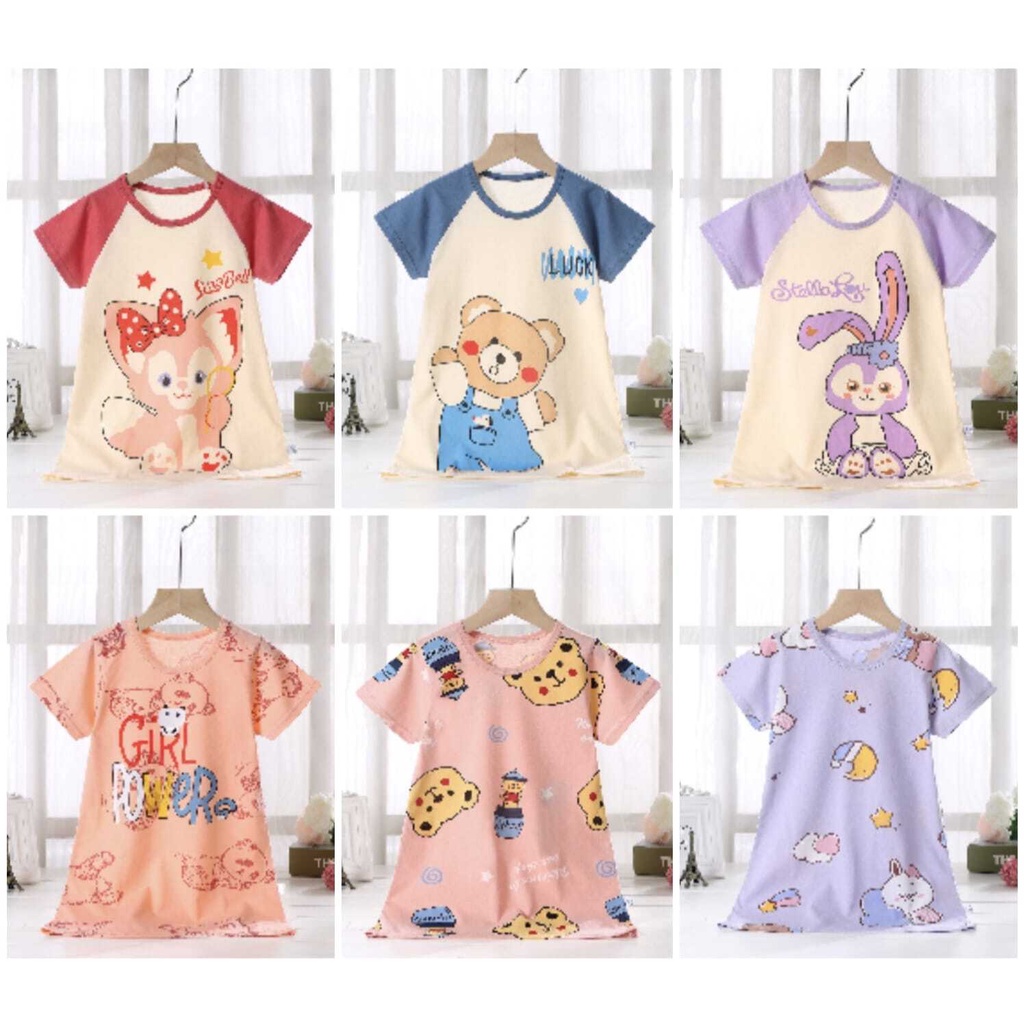 ( zwq ) DA001-005 Dress Anak 2-11 Tahun Piama Anak Perempuan, Dress Piyama, Dress Piama, Dress Baju Tidur Motif Karakter Lucu