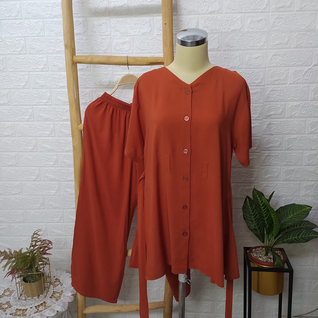 [BISA COD] Setelan Busui Rayon Bahan Adem Tali -  One Set Baju Wanita Polos Tali Pinggang - Setelan One Set Lengan Pendek Jumbo - Baju Wanita One Set Jumbo Bahan Rayon Adem - One Set Wanita Jumbo Rayon Polos