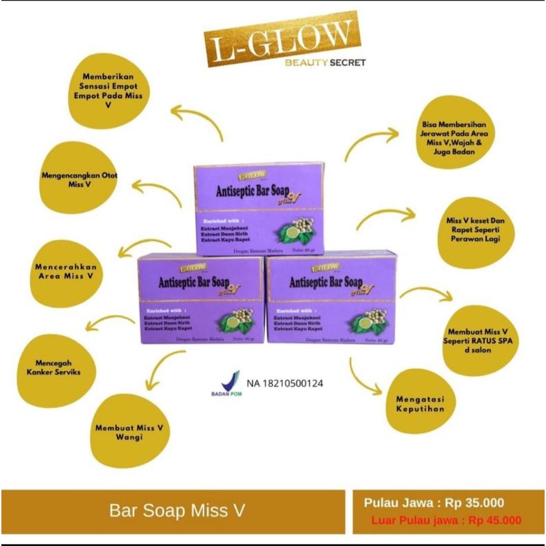 L glow sabun antiseptic beauty bar miss-v/Sabun miss-v