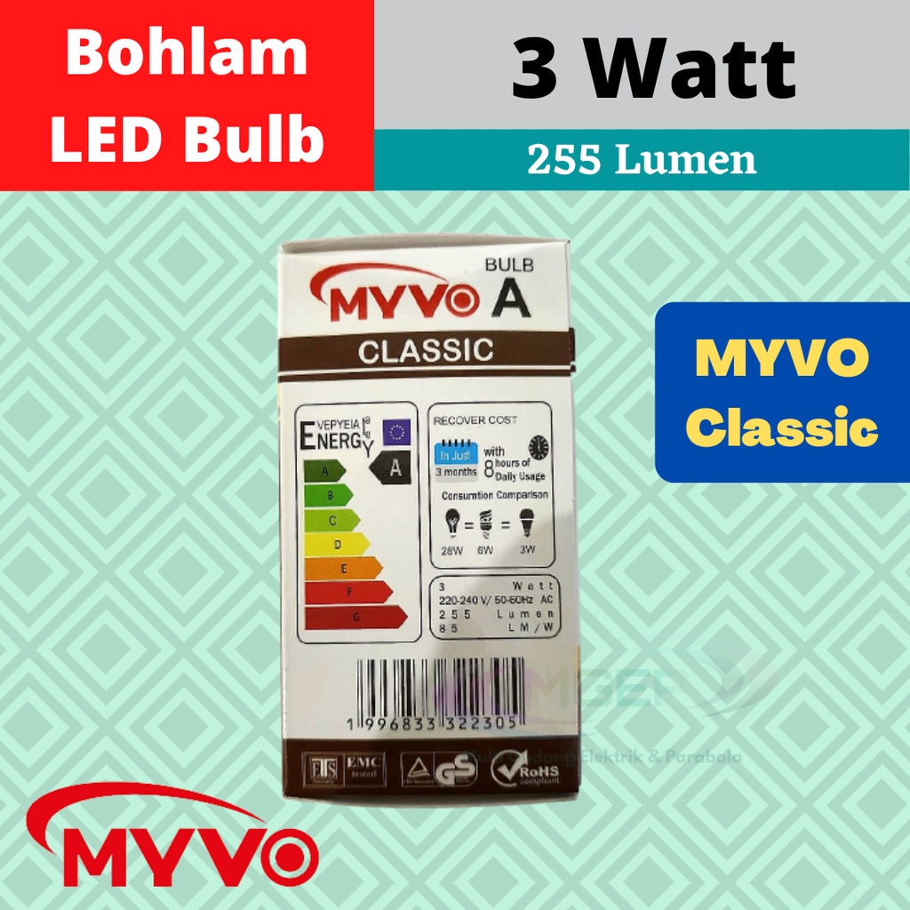 Myvo Classic Lampu Bohlam LED 3 Watt Murah Terang Bergaransi LED BULD