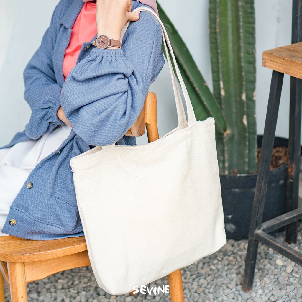 Sevine Tote Bag Kanvas Emily Kantong Polos Sekat Vintage - Inner Pocket Resleting Polos