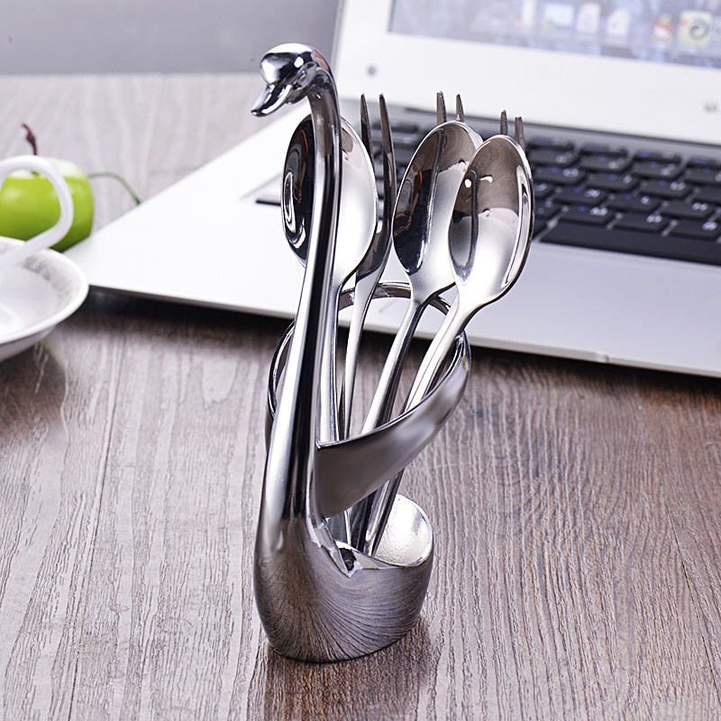 Set Sendok Garpu Desain Modern Silver Swan Bracket Stainless Steel