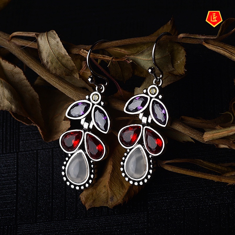 [Ready Stock]New Inlaid Colorful Gem Moonstone Earrings