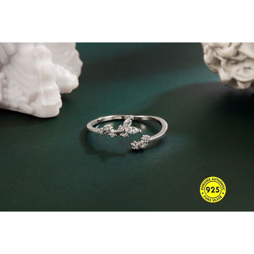Cincin Sterling Silver 925 Model Terbuka Desain Kupu-Kupu Hias Berlian Untuk Wanita