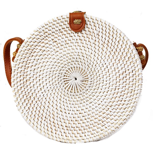 Sweet Honey ~ Grosir Tas Rotan Bulat Putih Polos Tali Gesper Adjustable Raisa White Diameter 15cm dan 20cm