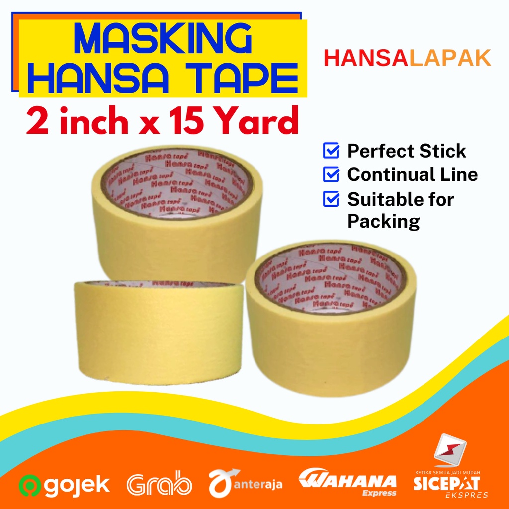 Lakban Kertas Masking Kuning Hansatape 2 inch x 15 Yard  (1 roll)